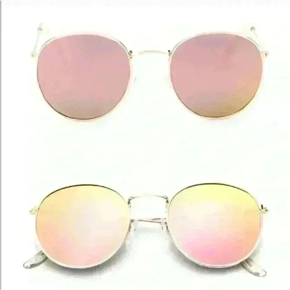 Rose Pink Round Lens Gold Frame Sunglasses with microfiber cleaning pouch - Picture 2 of 12